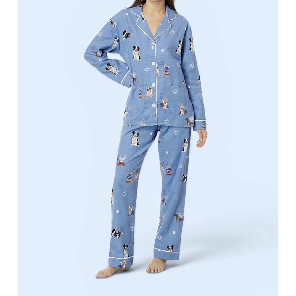 New PJ Salvage Flannel Pajama Set XL Love You Latke Denim Top/Pants Dog Cats